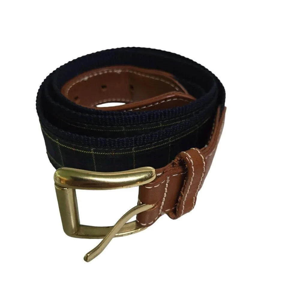 L.L. Bean Green Plaid Brown Leather Men's Belt Navy Trim Brass Buckle Size 45